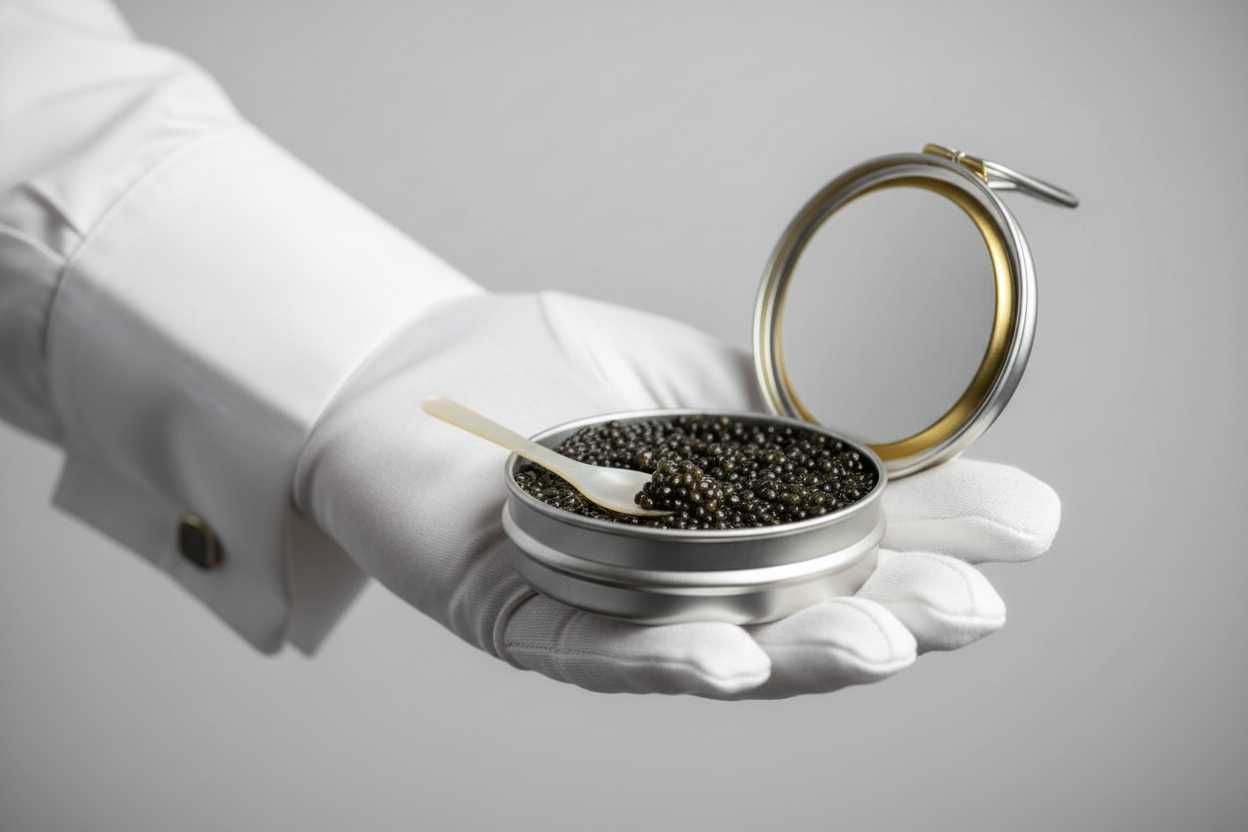 caviar in a tin held by a butler hand